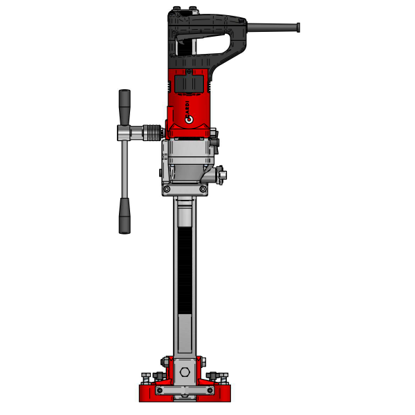 CARDI 183 hand-held core drill with stand for wet and dry drilling, front view.