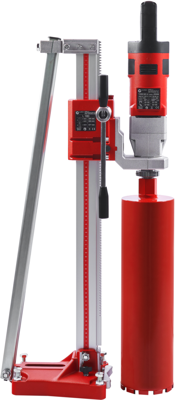 CARDI 183 hand-held core drill with stand and core bit for wet and dry drilling.