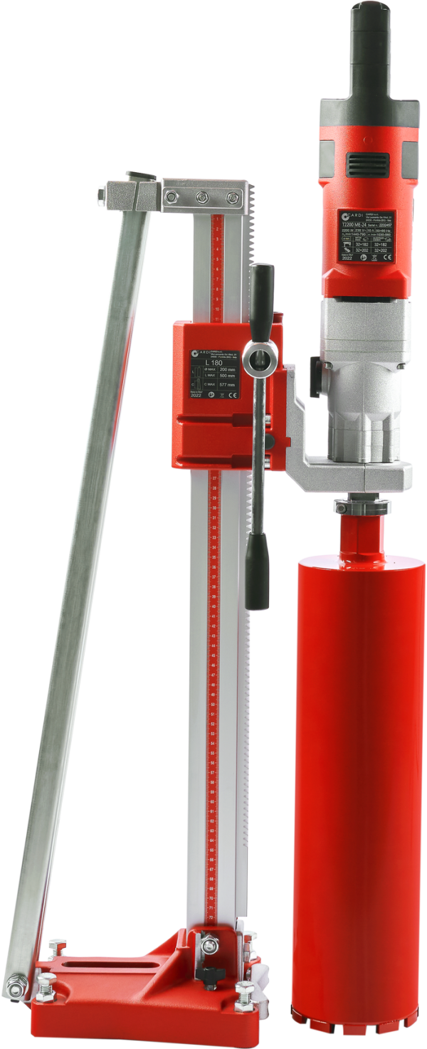 CARDI 185 hand-held core drill with stand and core bit for wet and dry drilling.