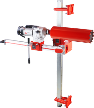 CARDI DV SD-1504 core drill on rail for wet drilling with core bit.