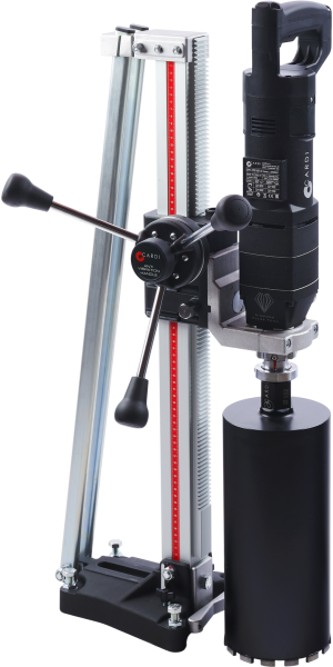 CARDI HS 200 hand-held core drill on stand with DPT micro-percussion technology and core bit.