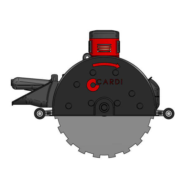 CARDI PE 350-BL hand-held wet blade saw with PE technology and 35 cm diamond blade, side view.